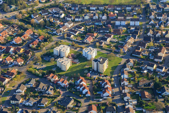 Aerial view of 4 residential blocks on Postgrabenstraße x Am Entensee in Bellheim in the state Rhineland-Palatinate, Germany