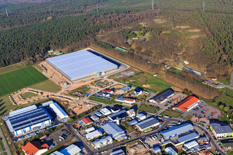 Waldstückerring industrial area with construction site of the logistics hall for Continental Reifen GmbH and FIEGE Logistik in Bellheim in the state Rhineland-Palatinate, Germany out of the air
