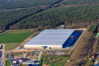 Waldstückerring industrial area with construction site of the logistics hall for Continental Reifen GmbH and FIEGE Logistik in Bellheim in the state Rhineland-Palatinate, Germany from the plane