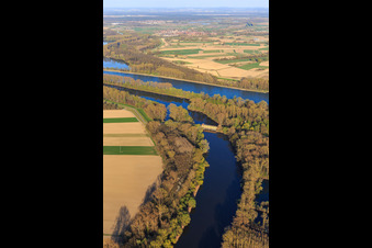 Aerial view of Mouth of the Michelsbach into the Rhine at the Sonderheim South pumping station in the district Sondernheim in Germersheim in the state Rhineland-Palatinate, Germany