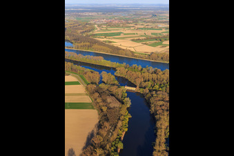 Aerial photograpy of Mouth of the Michelsbach into the Rhine at the Sonderheim South pumping station in the district Sondernheim in Germersheim in the state Rhineland-Palatinate, Germany