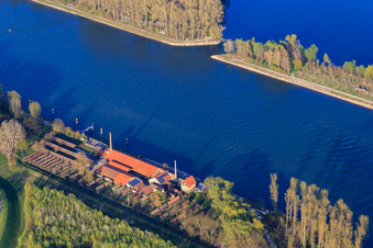 Aerial view of Brickworks Museum Sondernheim on the Rhine Dam in Germersheim in the state Rhineland-Palatinate, Germany