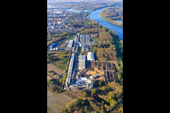 Aerial view of Konrad-Nolte-Straße industrial area from the south with Rheinspan GmbH & Co. KG in Germersheim in the state Rhineland-Palatinate, Germany