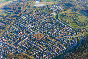 Overview of the village south of Hatzenbühler Straße from the northwest with Kindergarten Schwalbennest and Kindergarten Albertino in Jockgrim in the state Rhineland-Palatinate, Germany