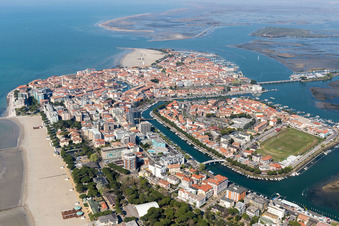 Beach and hotel development on the peninsula at the adriatic coast in Grado in Friuli-Venezia Giulia, Italy