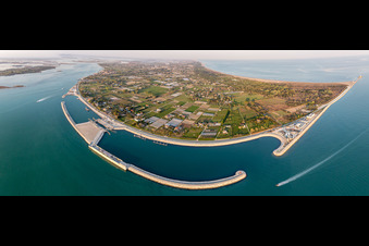 Aerial view of Artificial Island for high-water protection of the lido di Venezia "Isola Artificiale del Baccan di Sant'Erasmo" near Punta Sabbioni in Venetien, Italy