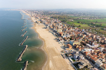 Aerial view of Beach landscape along the at the Mediterranean sea in Rimini in Emilia-Romagna, Italy