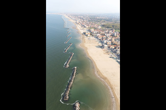 Aerial photograpy of Beach landscape along the at the Mediterranean sea in Rimini in Emilia-Romagna, Italy