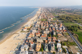 Oblique view of Beach landscape along the at the Mediterranean sea in Rimini in Emilia-Romagna, Italy