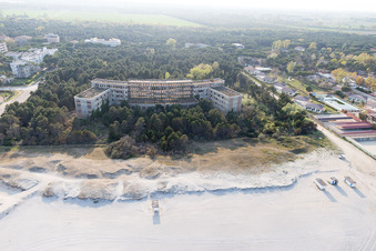 Former fascist holiday and recreational park for children "Colonia Varese" at the Adriatic coast in Milano Marittima in Cervia in Emilia-Romagna, Italy from the plane