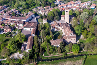 Aerial view of Church building of the cathedral of Abbazia di Santa Maria in Silvis in Sesto Al Reghena in Friuli-Venezia Giulia, Italy