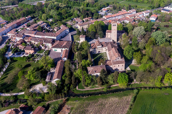 Aerial photograpy of Church building of the cathedral of Abbazia di Santa Maria in Silvis in Sesto Al Reghena in Friuli-Venezia Giulia, Italy