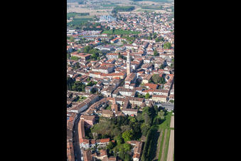 Aerial view of Church building of the cathedral of Duomo di San Vito Al Tagliamento in San Vito al Tagliamento in Friuli-Venezia Giulia, Italy
