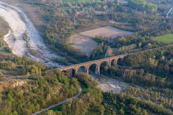 Oblique view of Viaduct of the railway bridge structure to route the railway tracks ver the tagliamento in Cavasso Nuovo in Friuli-Venezia Giulia, Italy