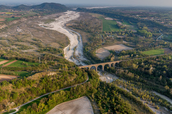 Viaduct of the railway bridge structure to route the railway tracks ver the tagliamento in Cavasso Nuovo in Friuli-Venezia Giulia, Italy out of the air