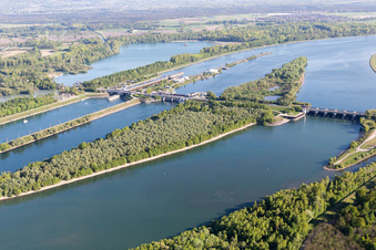 Aerial view of Iffezheim, lock in Roppenheim in the state Bas-Rhin, France