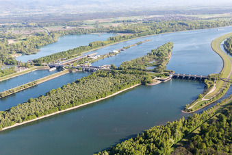 Aerial photograpy of Iffezheim, lock in Roppenheim in the state Bas-Rhin, France