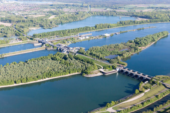 Aerial view of Rhine Lock Iffezheim in Roppenheim in the state Bas-Rhin, France