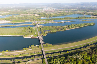 Rhine Lock Iffezheim in Roppenheim in the state Bas-Rhin, France seen from above