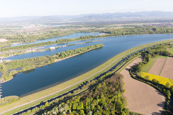 Bird's eye view of Rhine Lock Iffezheim in Roppenheim in the state Bas-Rhin, France