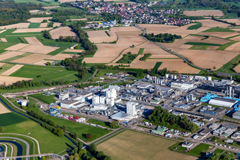 Aerial view of UHU Logistics Center and Dow MF Produktions GmbH & Co. Ohg in the district Greffern in Rheinmünster in the state Baden-Wuerttemberg, Germany