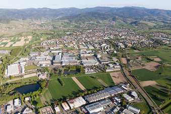Oblique view of Industrial Area West in the district Vimbuch in Bühl in the state Baden-Wuerttemberg, Germany