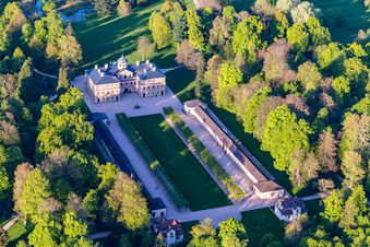 Oblique view of Building complex in the park of the castle Favorite in Rastatt in the state Baden-Wurttemberg, Germany