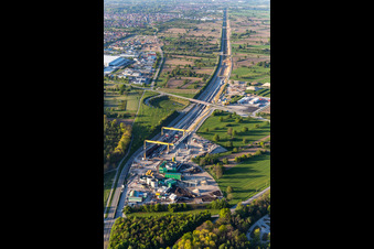 Aerial view of Züblin railway tunnel construction site in Ötigheim in the state Baden-Wuerttemberg, Germany