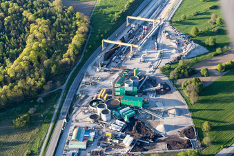 Aerial view of Construction site with tunnel guide for the route of ICE Neubaustrecke Karlsruhe-Basel in Oetigheim in the state Baden-Wurttemberg, Germany