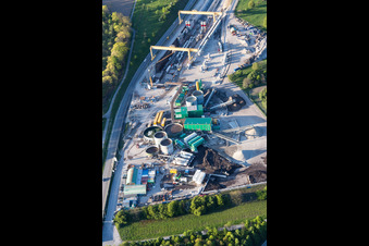 Aerial photograpy of Construction site with tunnel guide for the route of ICE Neubaustrecke Karlsruhe-Basel in Oetigheim in the state Baden-Wurttemberg, Germany
