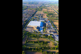 Aerial view of Industrial area Industriestraße with Götz Maschinenbau GmbH & Co.KG and Logistik Schmitt (location PCC Ötigheim) in Ötigheim in the state Baden-Wuerttemberg, Germany