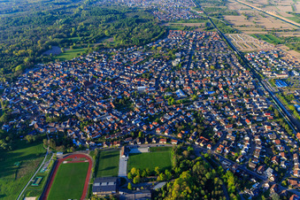 Overview of the village between Wald and B36 from the south in Ötigheim in the state Baden-Wuerttemberg, Germany
