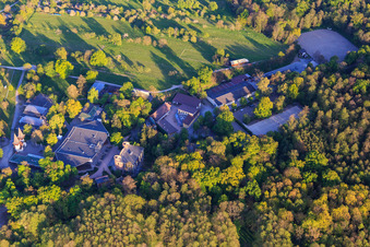 Aerial view of Open-air stage of the Volksschauspiele Ötigheim eV from the west in Ötigheim in the state Baden-Wuerttemberg, Germany