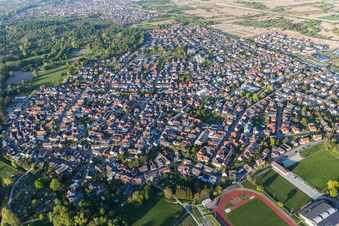 Aerial photograpy of Town View of the streets and houses of the residential areas in Oetigheim in the state Baden-Wurttemberg, Germany