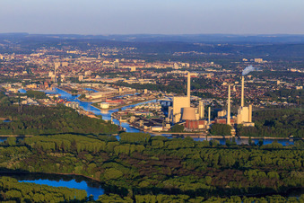 Karlsruhe Rhine ports across the Rhine with EnBW Energie Baden-Württemberg AG, Rhine port steam power plant Karlsruhe in the evening from the west in the district Daxlanden in Karlsruhe in the state Baden-Wuerttemberg, Germany
