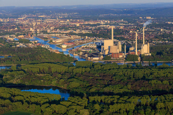 Aerial view of Karlsruhe Rhine ports across the Rhine with EnBW Energie Baden-Württemberg AG, Rhine port steam power plant Karlsruhe in the evening from the west in the district Daxlanden in Karlsruhe in the state Baden-Wuerttemberg, Germany
