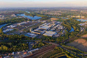 Aerial view of Overview of Industriepark Wörth GmbH with Mercedes-Benz Trucks in Wörth am Rhein in the state Rhineland-Palatinate, Germany