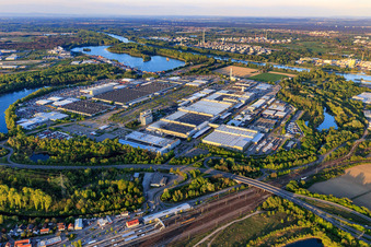 Aerial photograpy of Overview of Industriepark Wörth GmbH with Mercedes-Benz Trucks in Wörth am Rhein in the state Rhineland-Palatinate, Germany