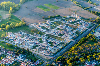 Aerial view of Construction sites for new construction residential area of detached housing estate In den Niederwiesen in Woerth am Rhein in the state Rhineland-Palatinate, Germany