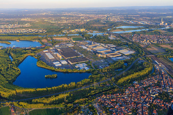 Oblique view of Overview of Industriepark Wörth GmbH with Mercedes-Benz Trucks in Wörth am Rhein in the state Rhineland-Palatinate, Germany
