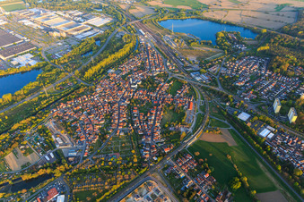 View of the town from the northwest on this side of the railway line in Wörth am Rhein in the state Rhineland-Palatinate, Germany