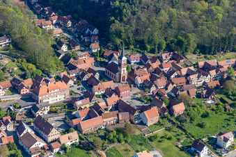 Aerial view of Church building in the village of in Offwiller in Grand Est, France