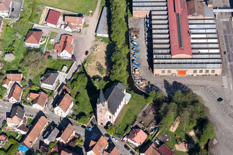 Aerial view of Building and production halls on the premises of De Dietrich Process Systems in Zinswiller in Grand Est, France
