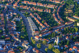 Herrenalber Straße x Diakonissenstraße with Christkönigkirche from the south in the district Rüppurr in Karlsruhe in the state Baden-Wuerttemberg, Germany