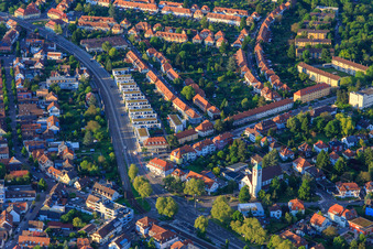 Aerial view of Herrenalber Straße x Diakonissenstraße with Christkönigkirche from the south in the district Rüppurr in Karlsruhe in the state Baden-Wuerttemberg, Germany