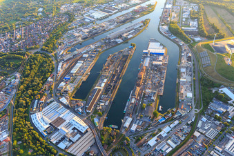 Karlsruhe Rhine ports from the east in the district Mühlburg in Karlsruhe in the state Baden-Wuerttemberg, Germany