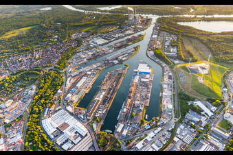 Quays and boat moorings at the port of the inland port of the Rhine river in the district Muehlburg in Karlsruhe in the state Baden-Wurttemberg, Germany