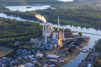 Karlsruhe Rhine ports with EnBW Energie Baden-Württemberg AG, Rhine port steam power plant Karlsruhe from the east in the district Daxlanden in Karlsruhe in the state Baden-Wuerttemberg, Germany