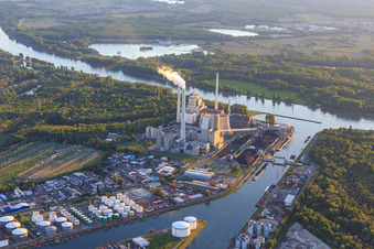 Aerial view of Karlsruhe Rhine ports with EnBW Energie Baden-Württemberg AG, Rhine port steam power plant Karlsruhe from the east in the district Daxlanden in Karlsruhe in the state Baden-Wuerttemberg, Germany