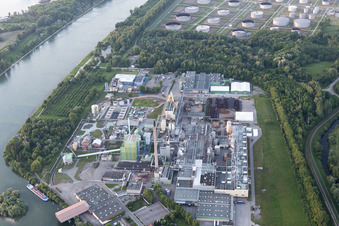 Aerial view of Stora Enso from the south in the district Knielingen in Karlsruhe in the state Baden-Wuerttemberg, Germany